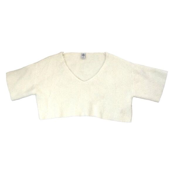 Urban‎ Outfitters Womens Cropped White Soft Fuzzy V Neck Short Sleeve Size M - Picture 1 of 9